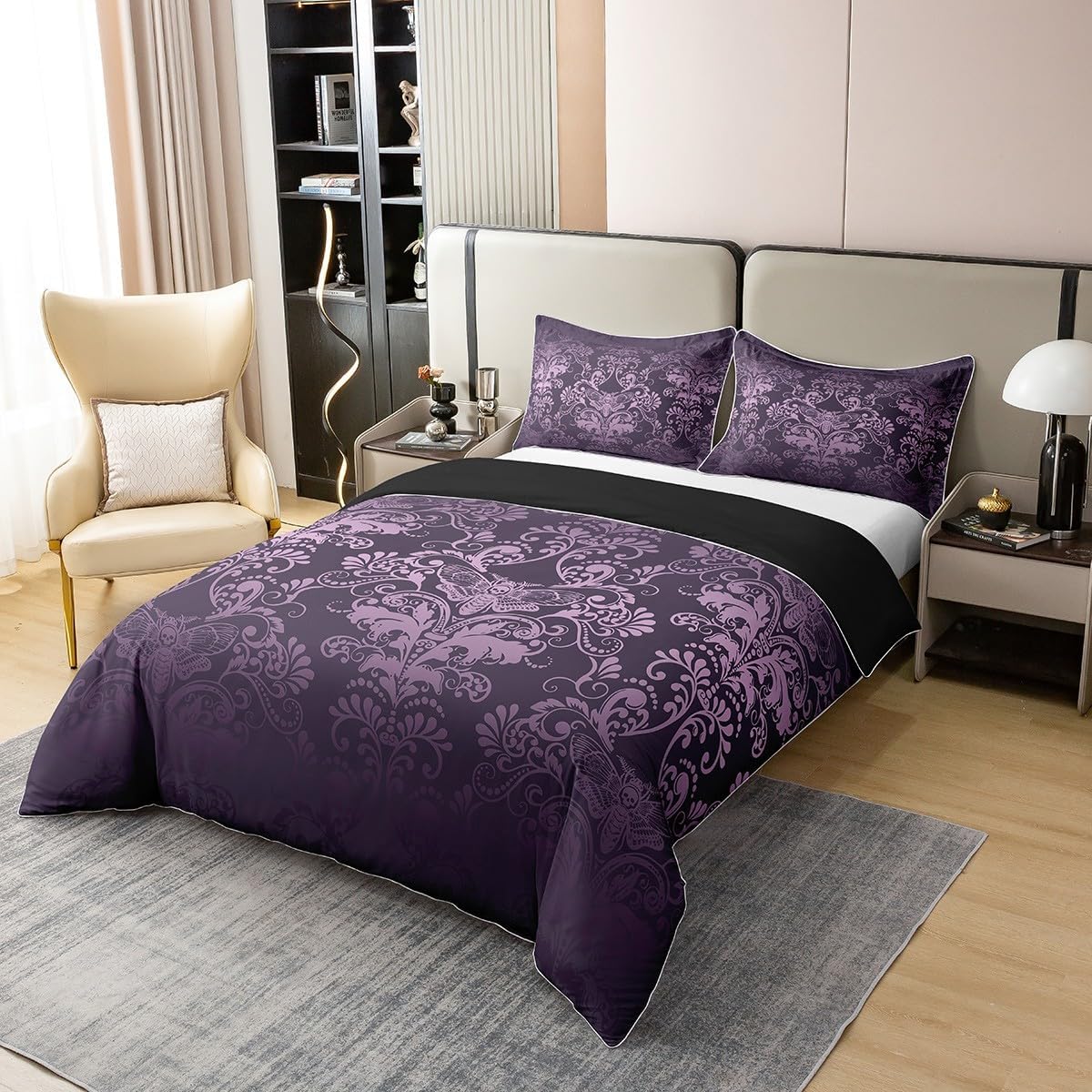 Erosebridal 100% Cotton Purple Black Damask Duvet Cover Full Size Vintage Floral Comforter Cover Antique Victorian Baroque Bedding Set Exotic Victorian Style Bed Set with Zipper Closure