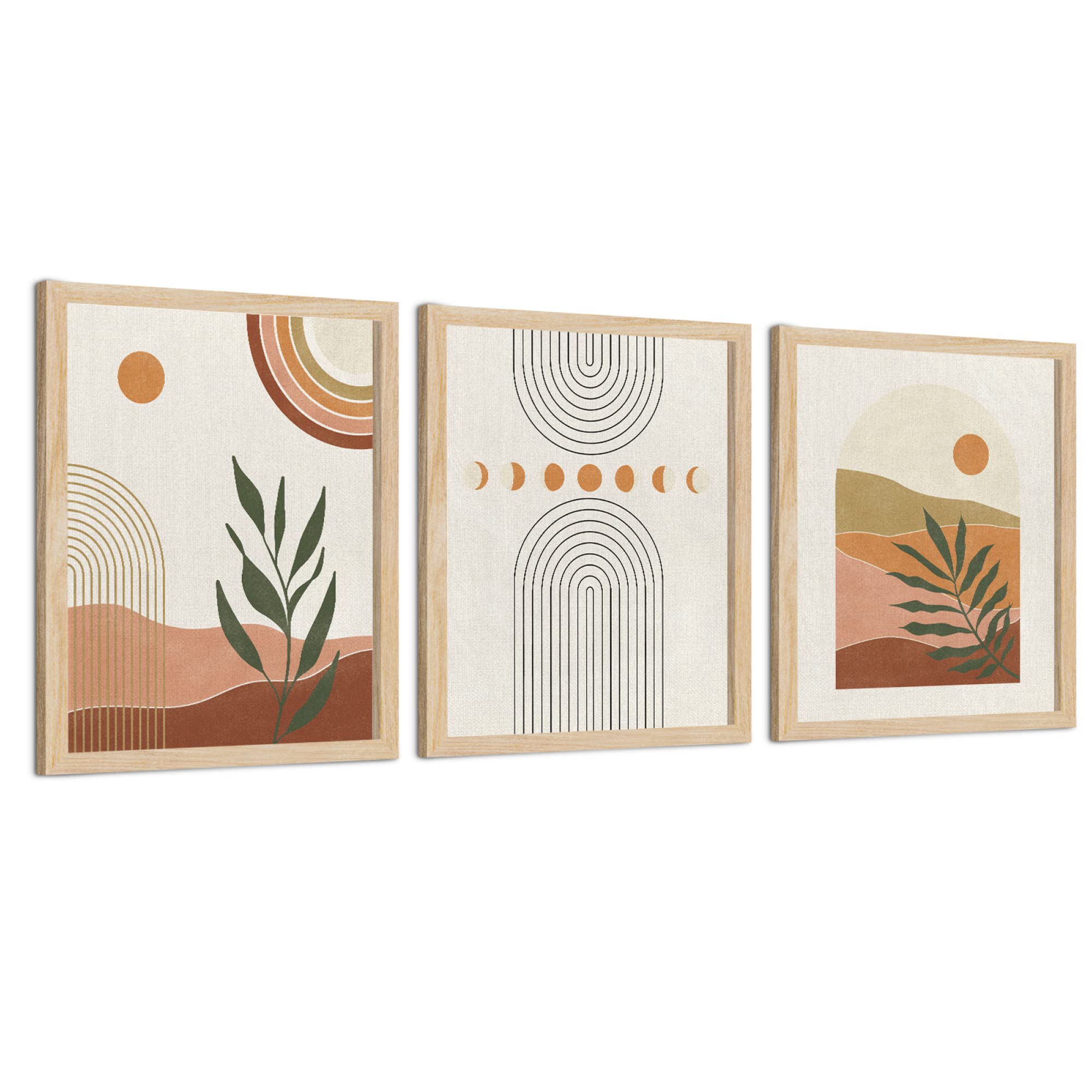 Putuo DecorAbstract Boho Wall Decor Set of 3, Geometric Lines Sun Leaf Canvas Wall Art Prints for Bedroom Living Room Home Office, 20,3x25,4cm UNFRAMED