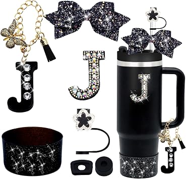 7PCS Black Stanley Cup Accessories Set For Stanley Cup 30oz 40oz,Including diamond Straw Topper,Letter Charm,Bling Bow,Initials Sticker,Spill Proof Stopper,Silicone BootBlack J