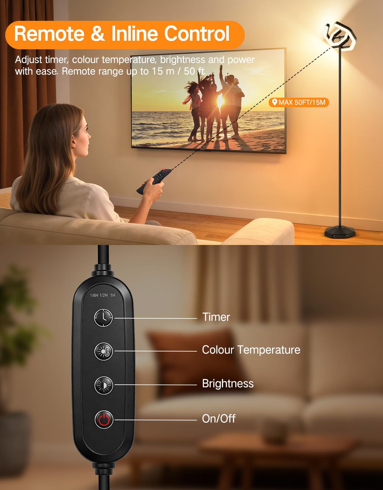 OUTON Lampa stojąca LED, lampa sufitowa, możliwość ściemniania | pilot zdalnego sterowania, 4 temperatury barwowe, nowoczesna lampa stojąca do salonu, sypialni, biura