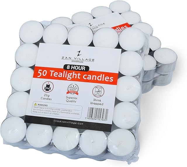 Zan Village Homeware ZVH Candles/Tealights 8 Hour Burn Time 23g, 50 Pack Shrink Wrapped Long Burning