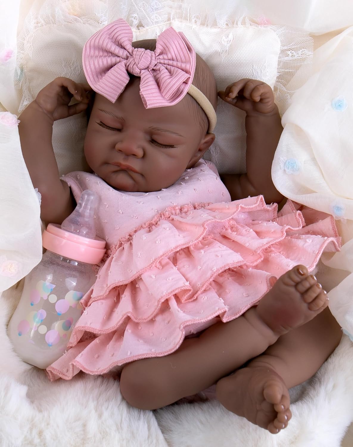Aori Black Reborn Dolls 20'' Lifelike Newborn Sleeping Doll in Pink Dress image 2