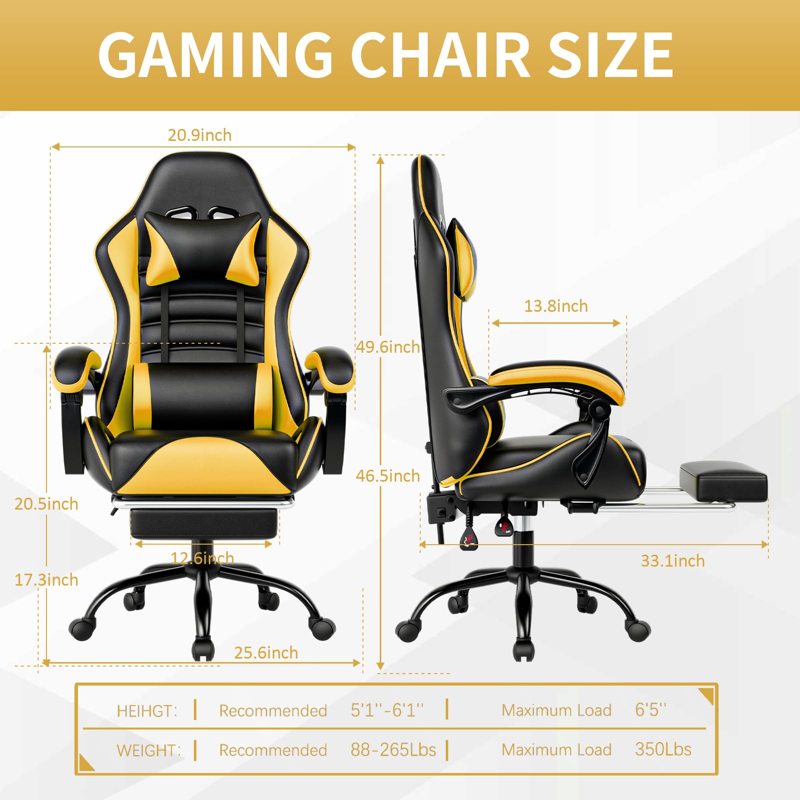 Silla de Juego con reposapiés,Silla y Mesa de Juego Ajustable en Altura,Silla de Juego para Adultos con Soporte Lumbar,Silla de Ordenador de Cuero sintético (Amarillo)