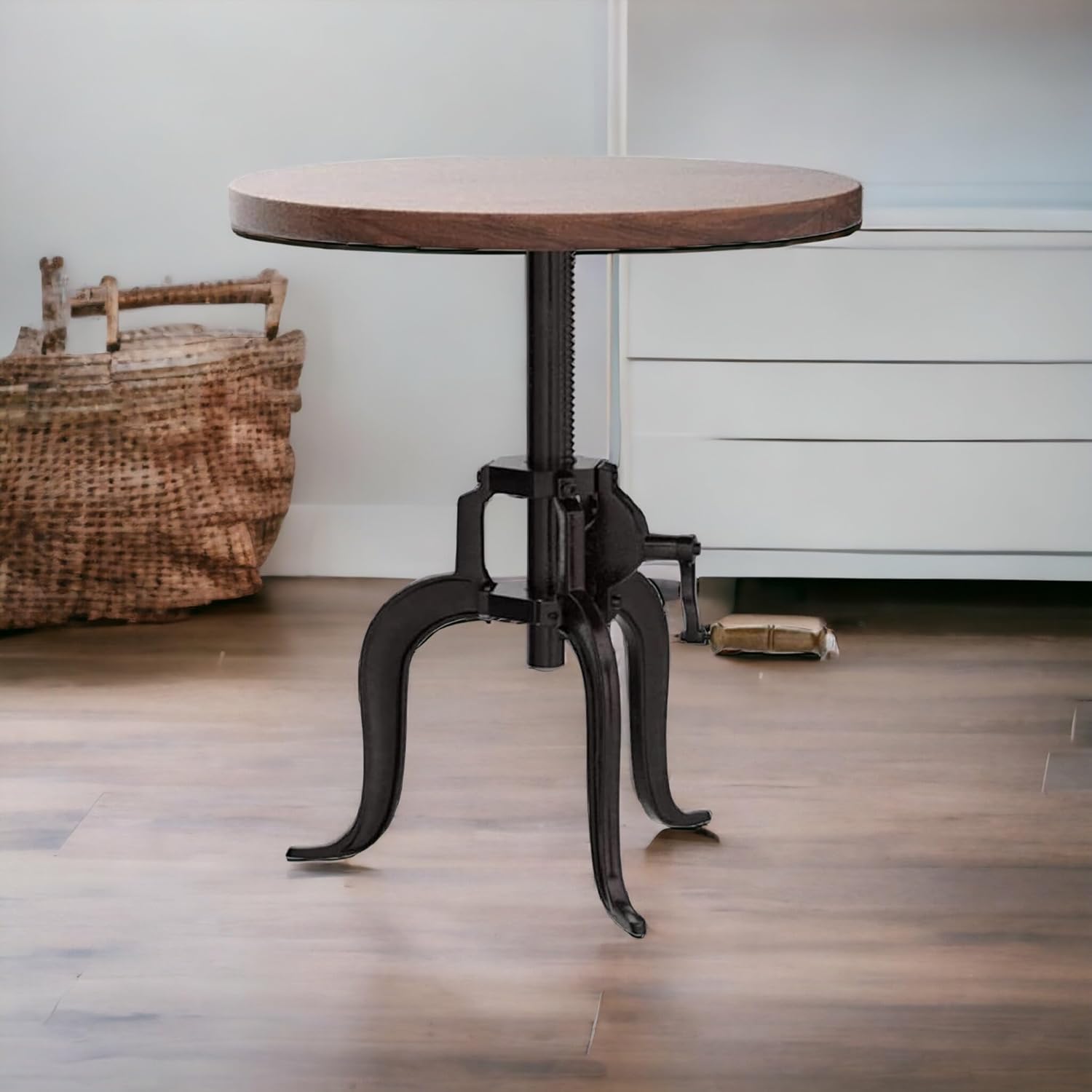 NACH Solid Mango Wood/Cast Iron Kai Adjustable Crank Side Table, 18" x 1.13" x 18-27", Black, CC-1816