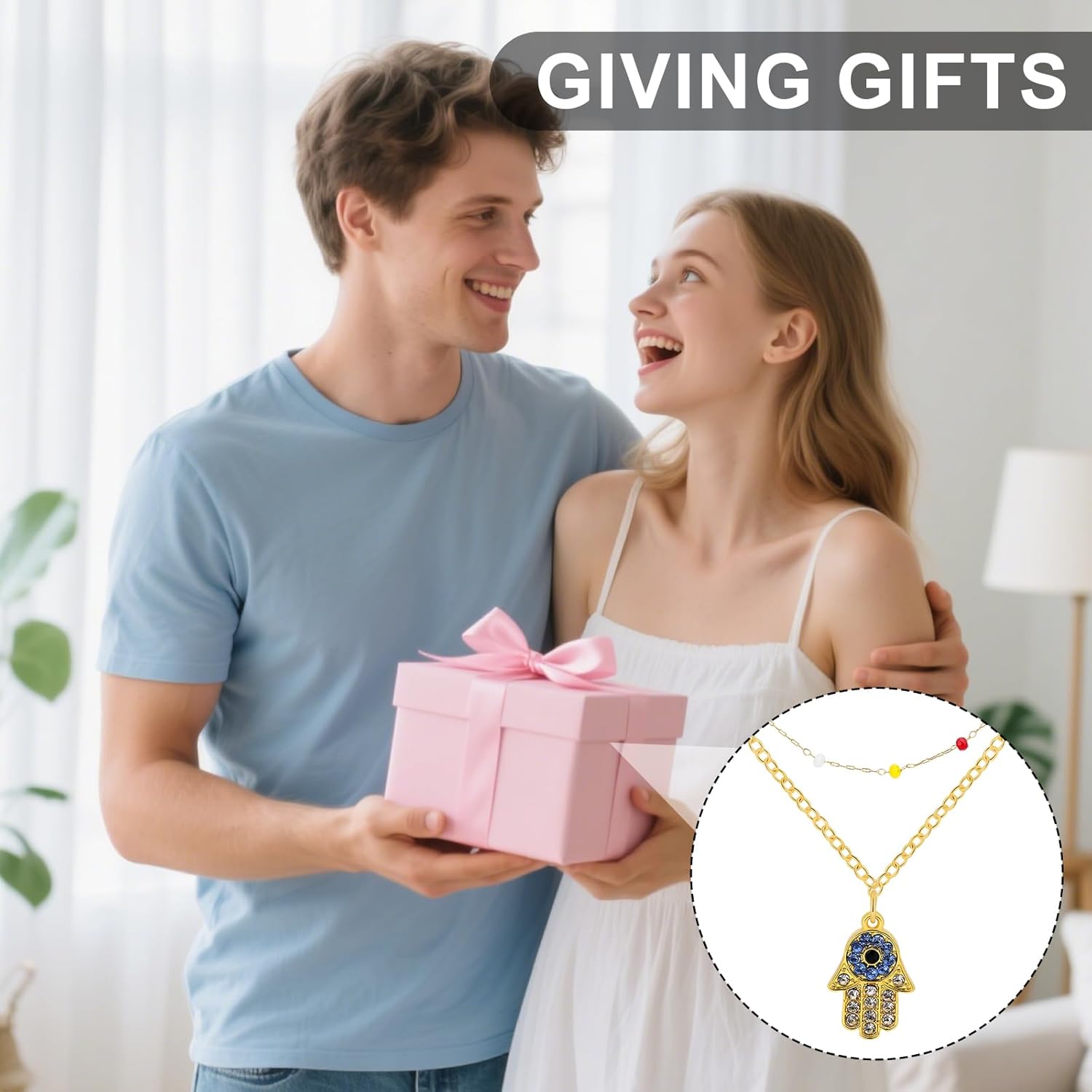 Hamsa Hand of Fatima Necklace: 18K Gold Plated Cubic Zirconia Dainty Blue Evil Eye Fatima's Hand Pendant Double-Layer Choker Bead Necklaces Protection Jewelry for Women Eid al Fitr Gifts - Image 7