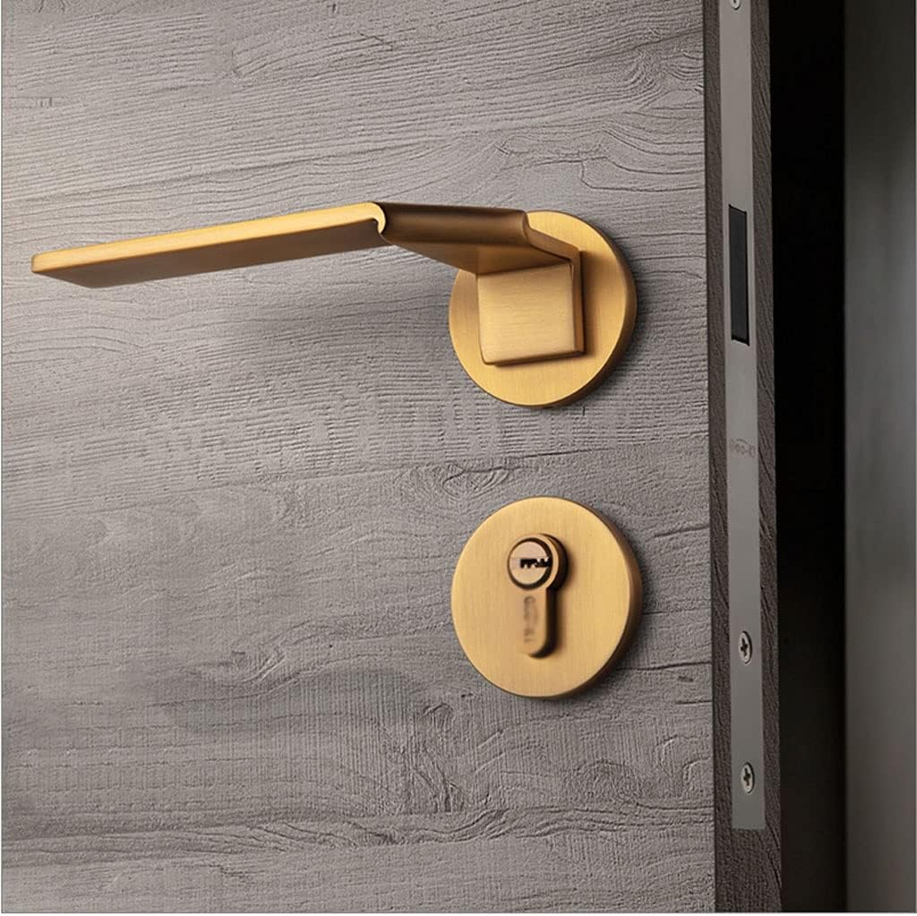 Door Knob Lever Yellow Ancient Wooden Door Lock with Magnetic Door Levers Door Handle with Key for Bedroom Or Bathroom Study Door Lock with Handle (Color : Yellow Bronze+2 Pack Hinge)
