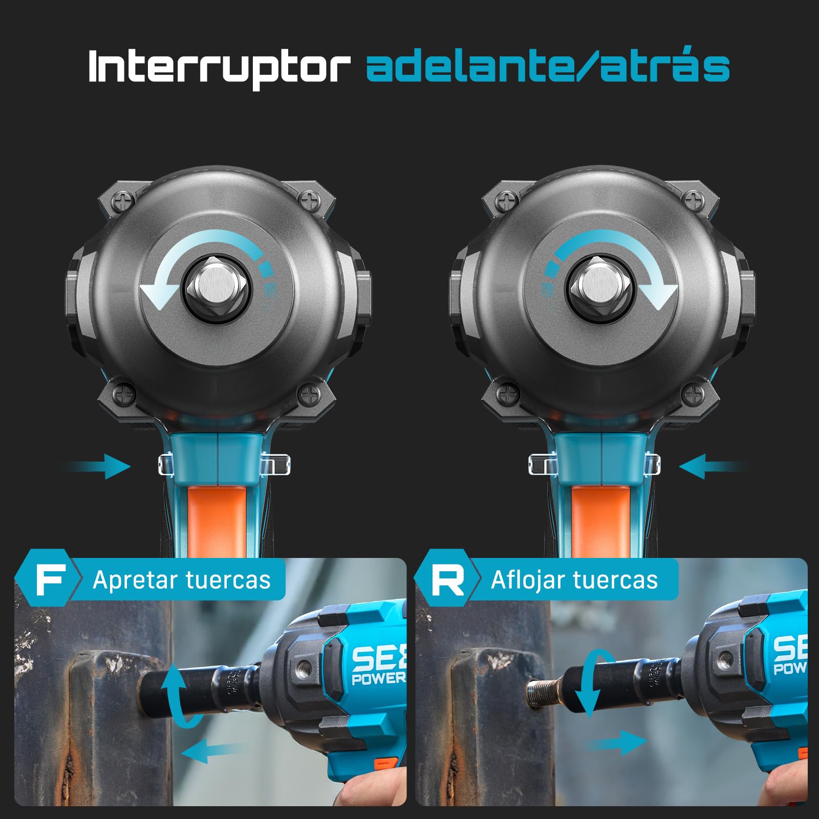 Seesii Llave de Impacto Inalámbrica 1/2" 1200N·m (885Ft-lbs), 21V de Alto Par pistola de impacto con Mango Desmontable, 2× Baterías 4,0Ah Para Coche, Camioneta y Cortacésped