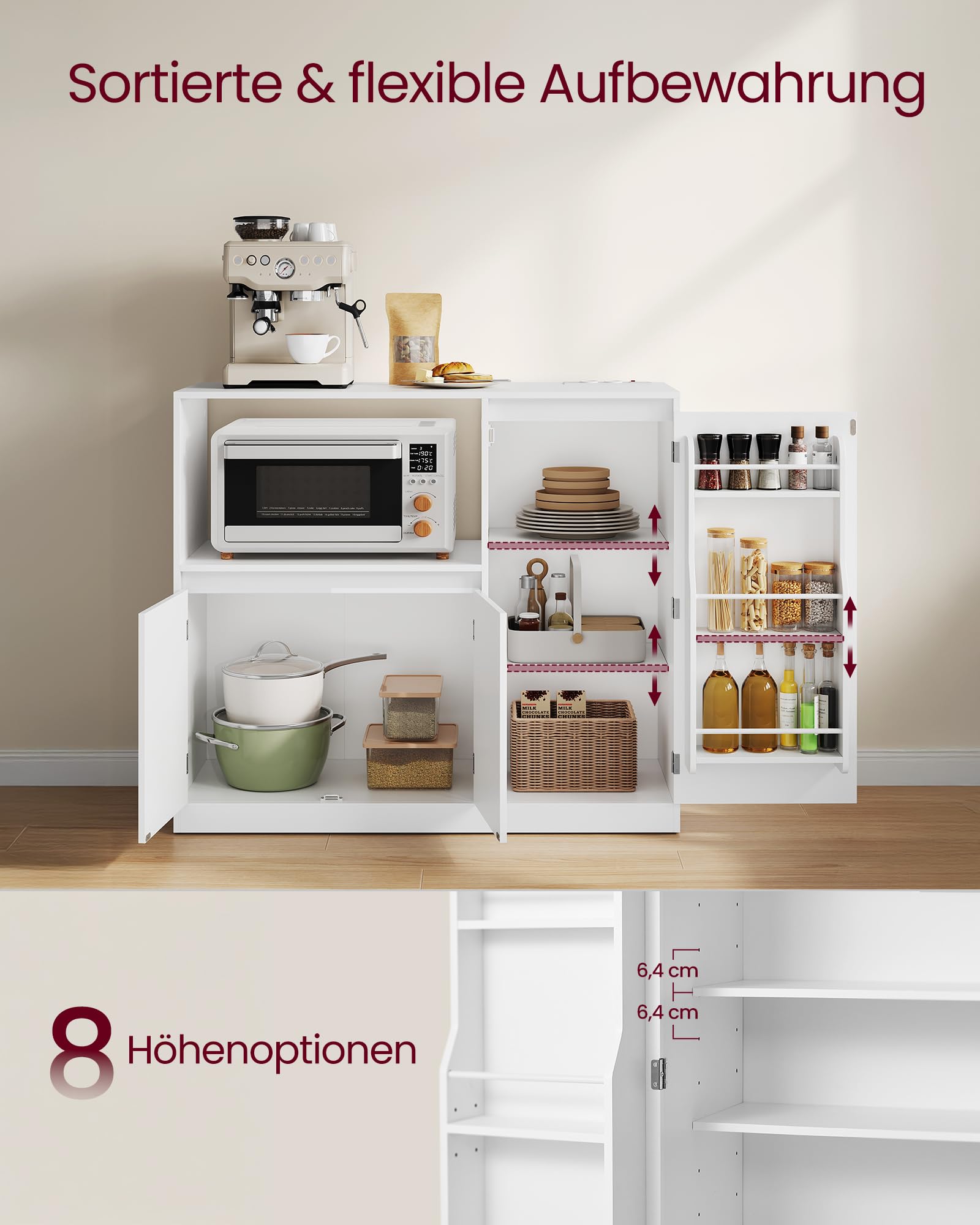 VASAGLE Custos Kollektion - Küchenschrank, Aufbewahrungsschrank, Sideboard mit Arbeitsplatte, Mikrowellenregal, mit 1 offenem Fach, 3 Türen, verstellbaren Ablagen, wolkenweiß BBK373WB01