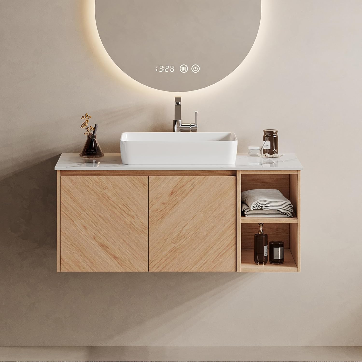 36" Floating Bathroom Vanity with Sink Combo, Modern Bathroom Sink Cabinet with White Sintered Stone Top and Ceramic Basin, Wall Mounted Bathroom Vanity with Cabinet and Open Shelf, Light Wood