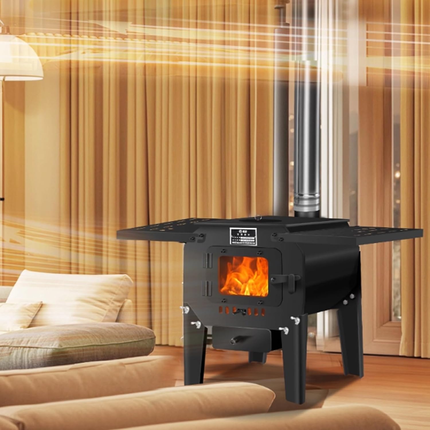Multifunctional Heating Stove, Foldable Removable Side Shelves & Viewing Window, Burns Wood & Coal For Home Heating & Outdoor Camping Grilling(30 * 40 * 50cm)