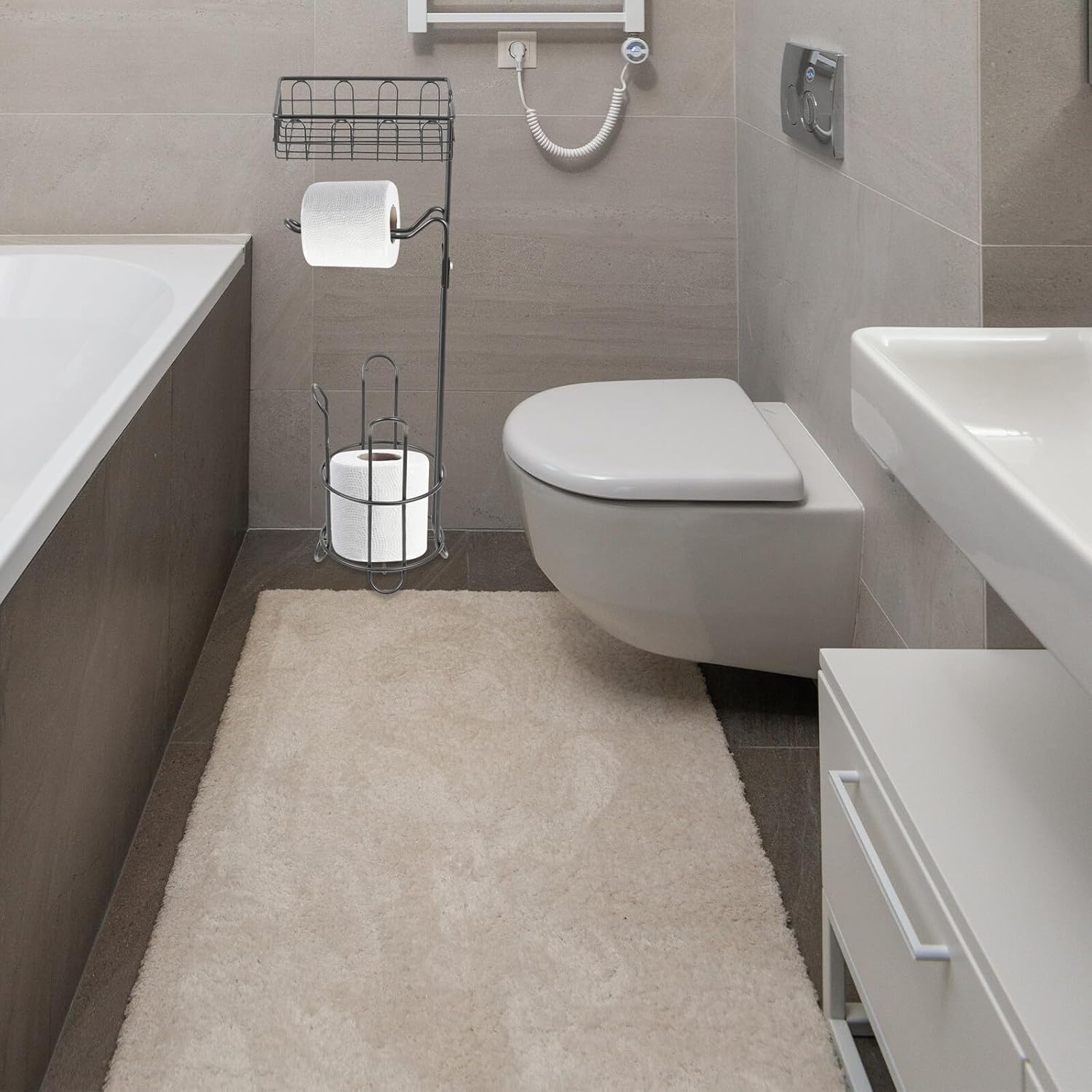 Didiseaon Wrought Iron Toilet Paper Holder Vertical Roll Paper Rack with Storage Shelf Black Metal for Bathroom Floor Use