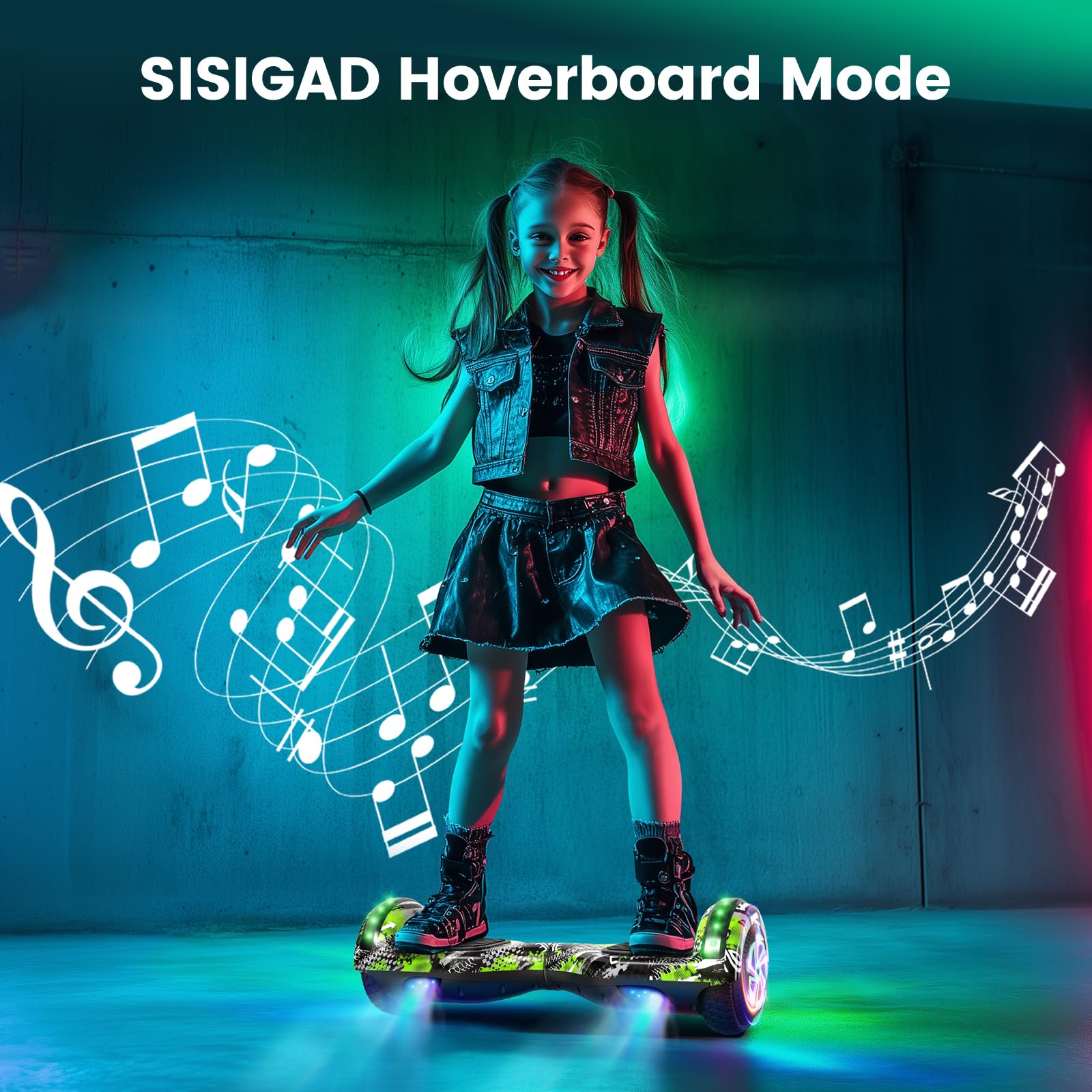 SISIGAD Hoverboard mit Kartsitz, Bluetooth-Lautsprechern und LED-Licht, 6,5-Zoll-Reifen, leistungsstarker Doppelmotor, Offroad-Hoverboard