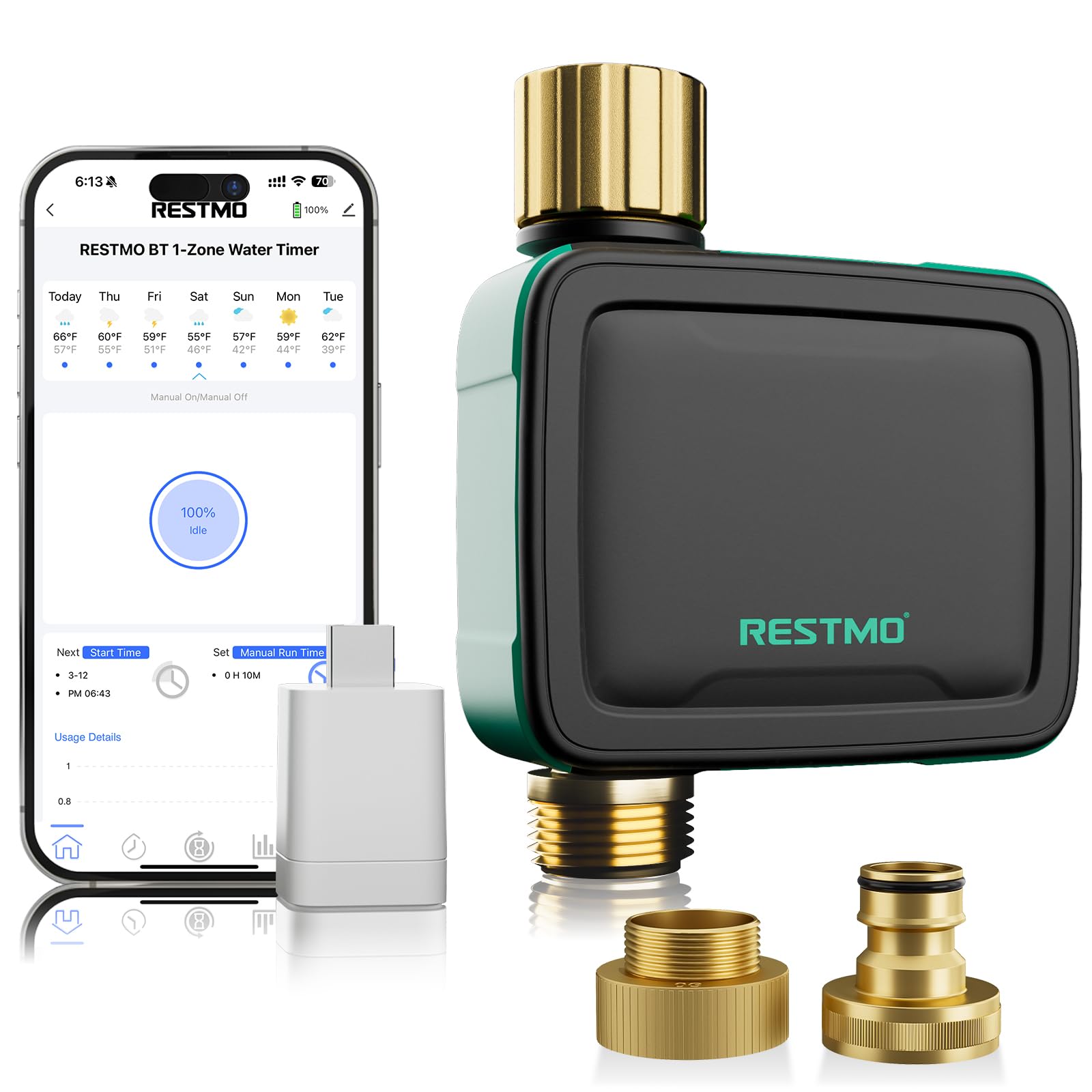 Ordenador de riego de 1 Zona con Bluetooth+Wi-Fi Integrado y Control de aplicación, automático/Manual/retardo de Lluvia, Temporizador de riego para Manguera de jardín, Grifo Exterior, césped