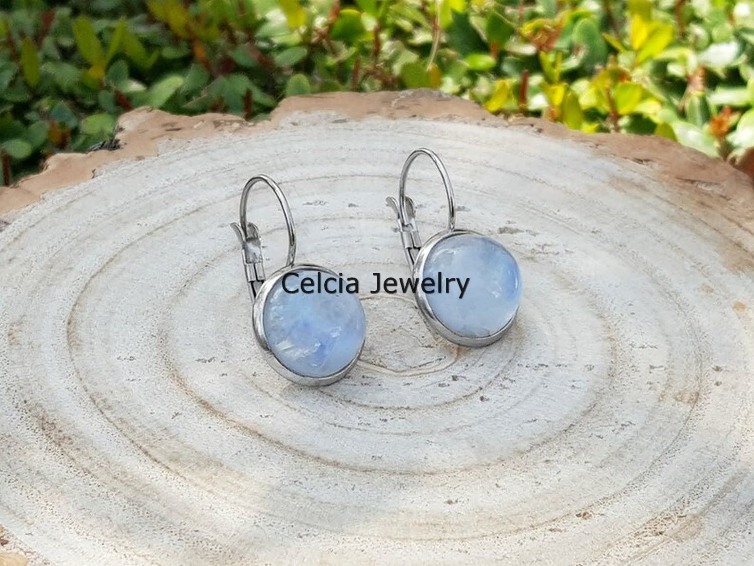 Pendientes de palanca de plata de ley 925 maciza para mujer, piedra lunar arcoíris natural Piedra preciosa redonda Increíble hecho a mano Regalos de piedra natal de junio