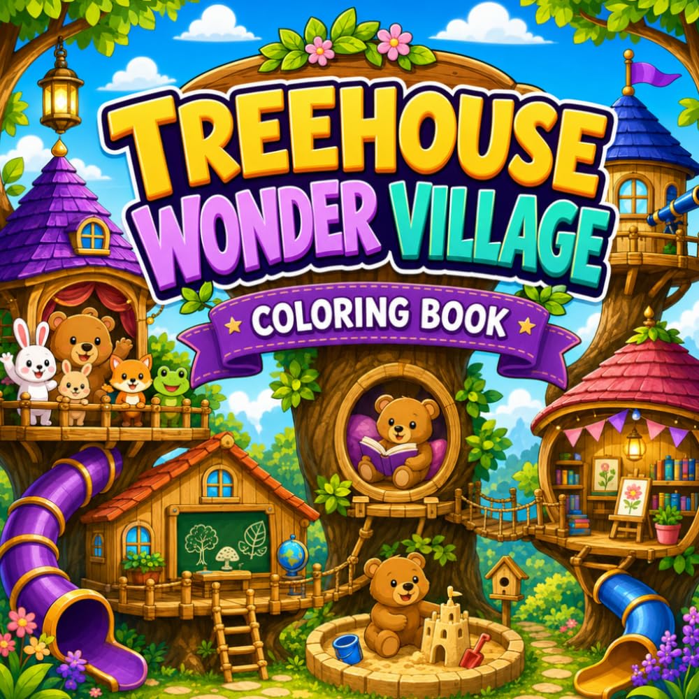 Treehouse Wonder Village Coloring Book: Cute Animal Treehouses, Forest Homes, Cozy Rooms and Fun Fantasy Coloring Pages for Kids