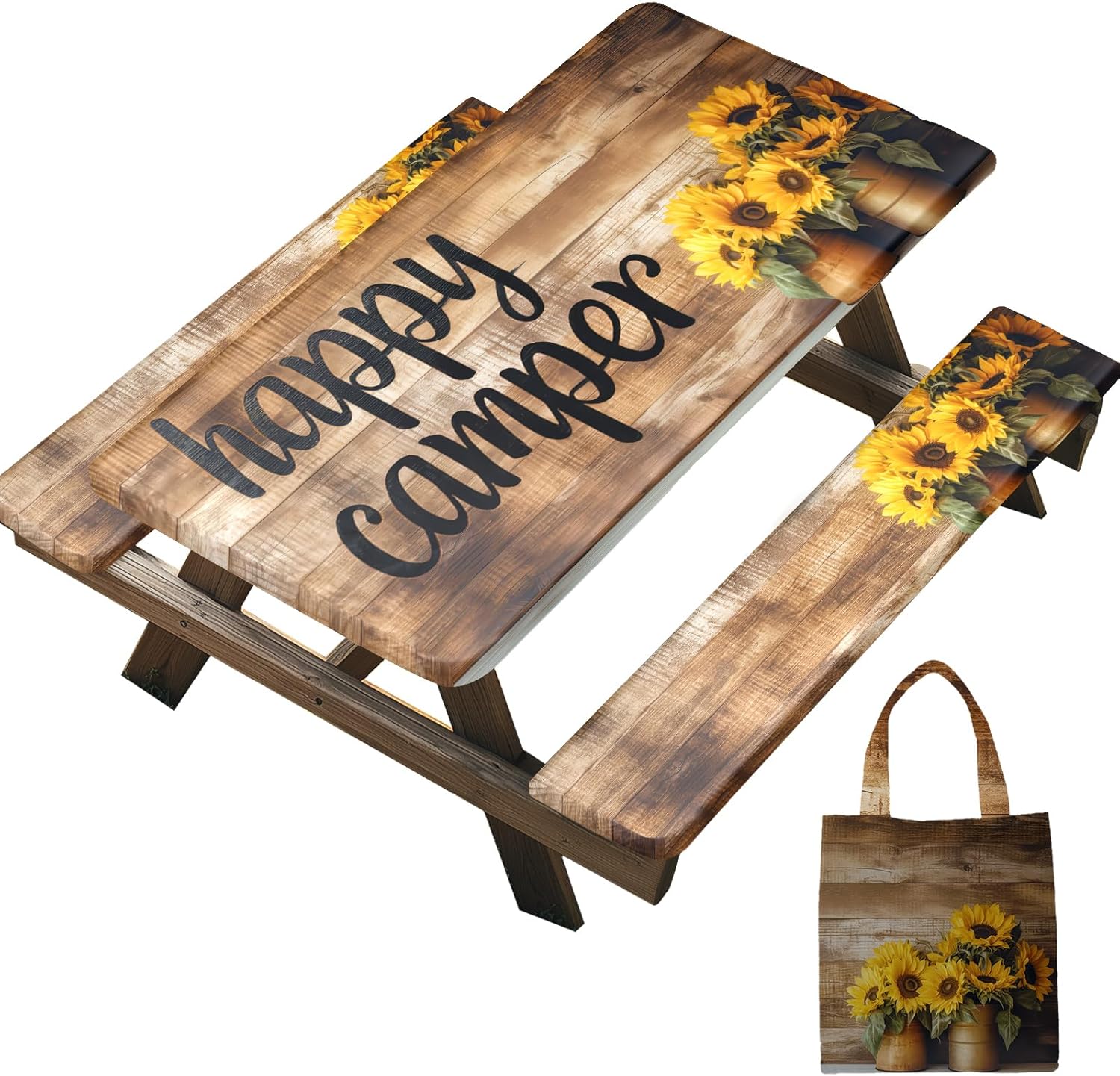 Picnic Table Cover with Bench Covers Elastic Edges Windproof Waterproof Outdoor Tablecloth with Handbag, RV Camping Essentials, Fitted 6FT Rectangle Tables and Seats, 72×30 Inch