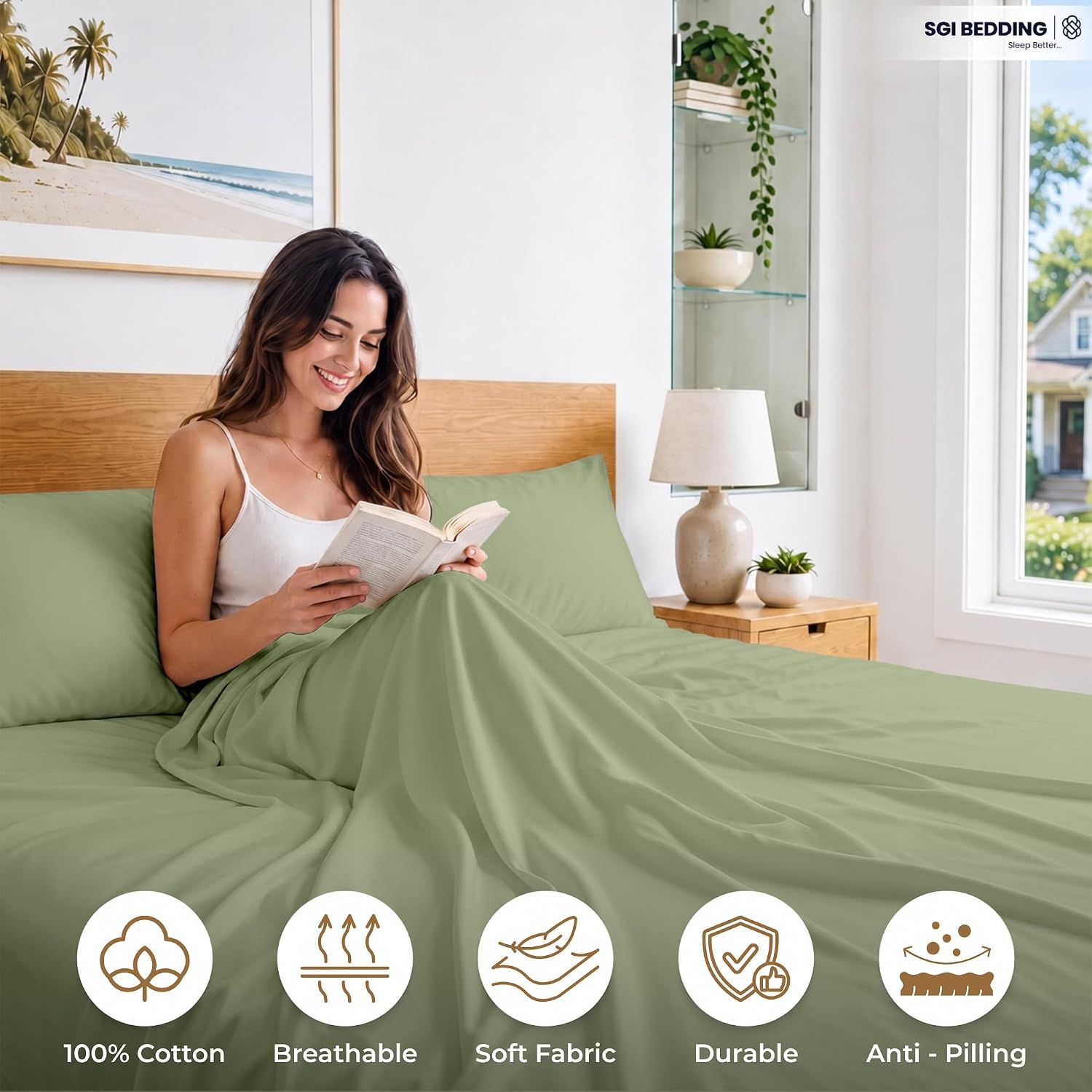 SGI bedding 100% Egyptian Cotton Sheets Queen Size – 600 Thread Count Sheets Set, Soft, Cooling, 15" Deep Pocket, Luxury Hotel Bedding, Breathable, Durable - Moss