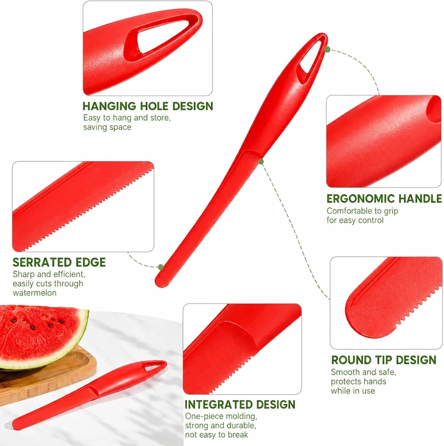 9" Plastic Fruit Knife for Kids, Toddler Safe Fruit Cutter and Peeler, Non-Serrated Plastic Knife for Cutting Watermelon and Soft Fruits, Red Montessori Kitchen Tool for Early Education