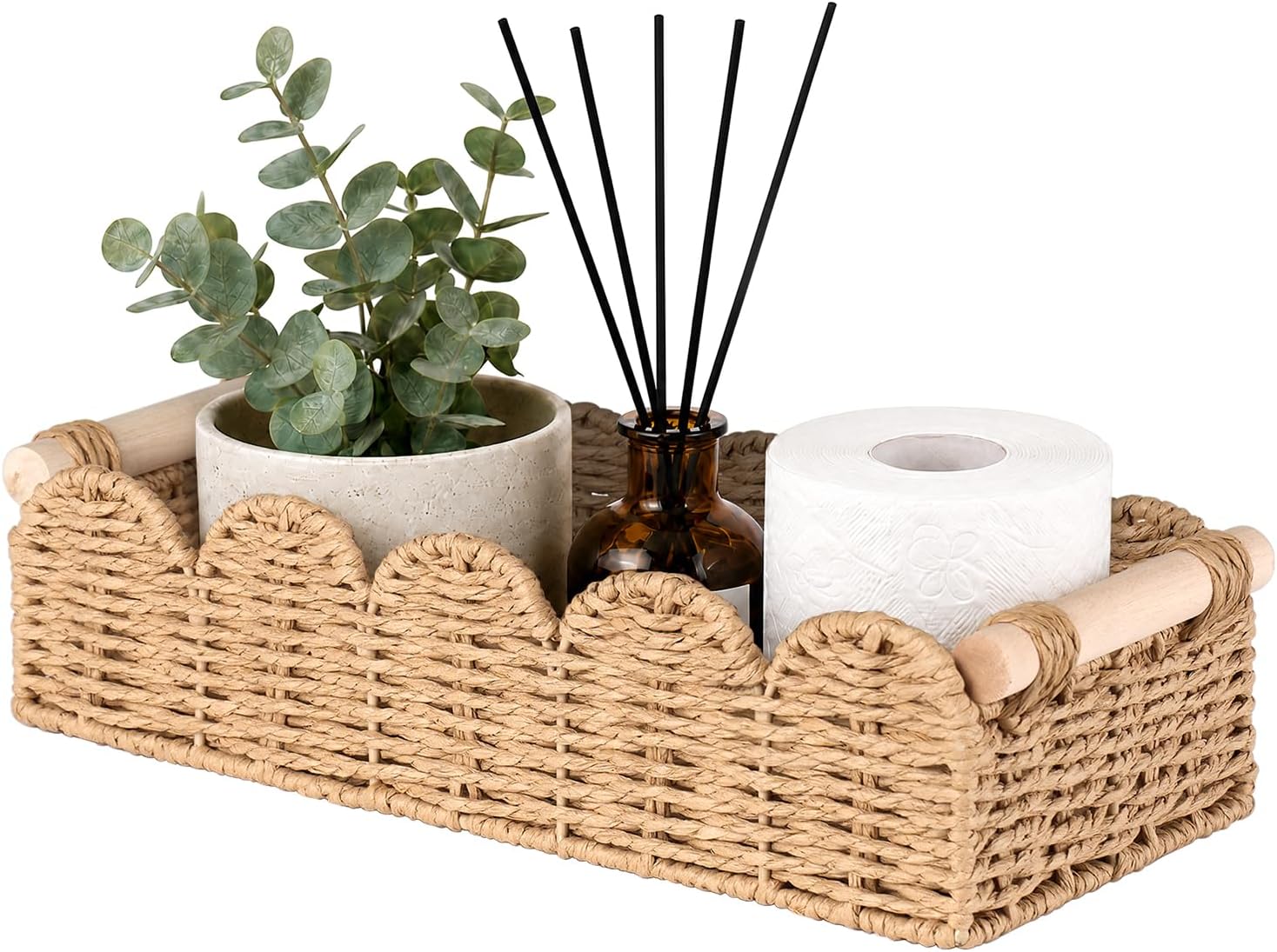Toilet Paper Storage Basket for Toilet Tank, Bathroom Organizer | Scalloped Decorative Basket for Bathroom Home Decor, Woven Basket for Shelves, Living Room, Countertop, Paper Rope, Beige