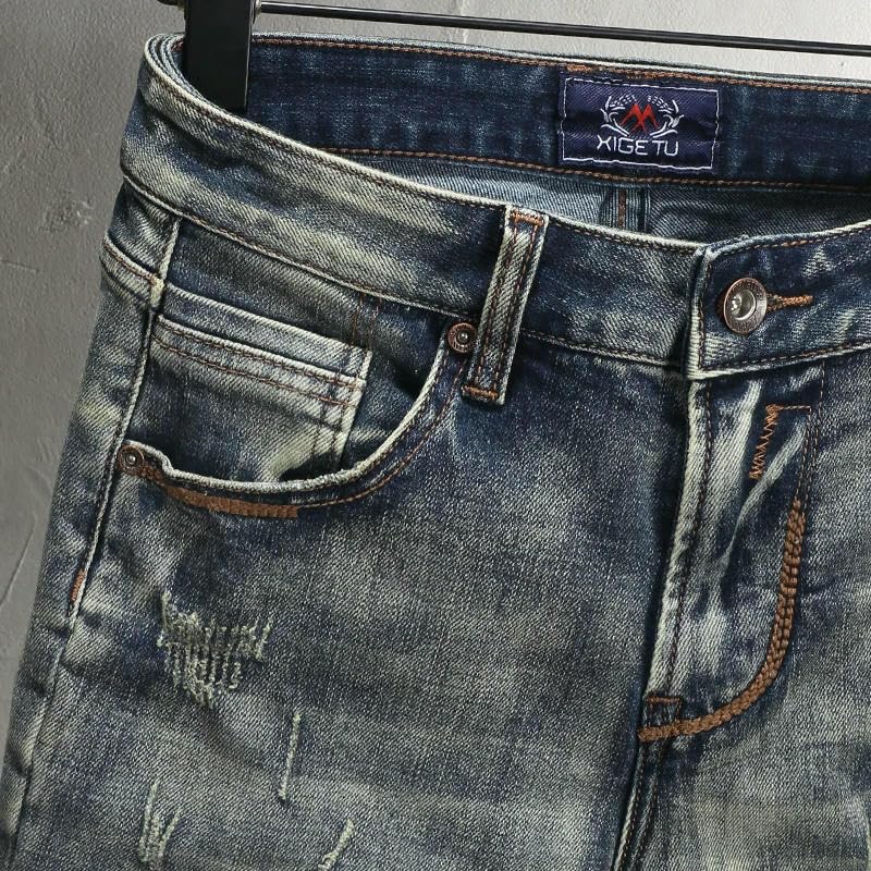 Mens Jeans Retro Washed Stretch Slim Fit Ripped Jeans Men Embroidered Vintage Denim Pants Men ​​Trousers3