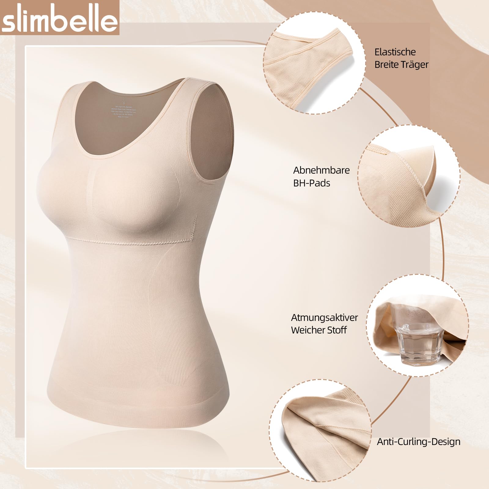 SLIMBELLE Damski podkoszulek biustonosz, koszula, bezszwowy tank top ze zdejmowanymi miseczkami, wyszczuplający brzuch, bez fiszbin, koszulka, modelująca figurę, modelująca sylwetkę, modelująca