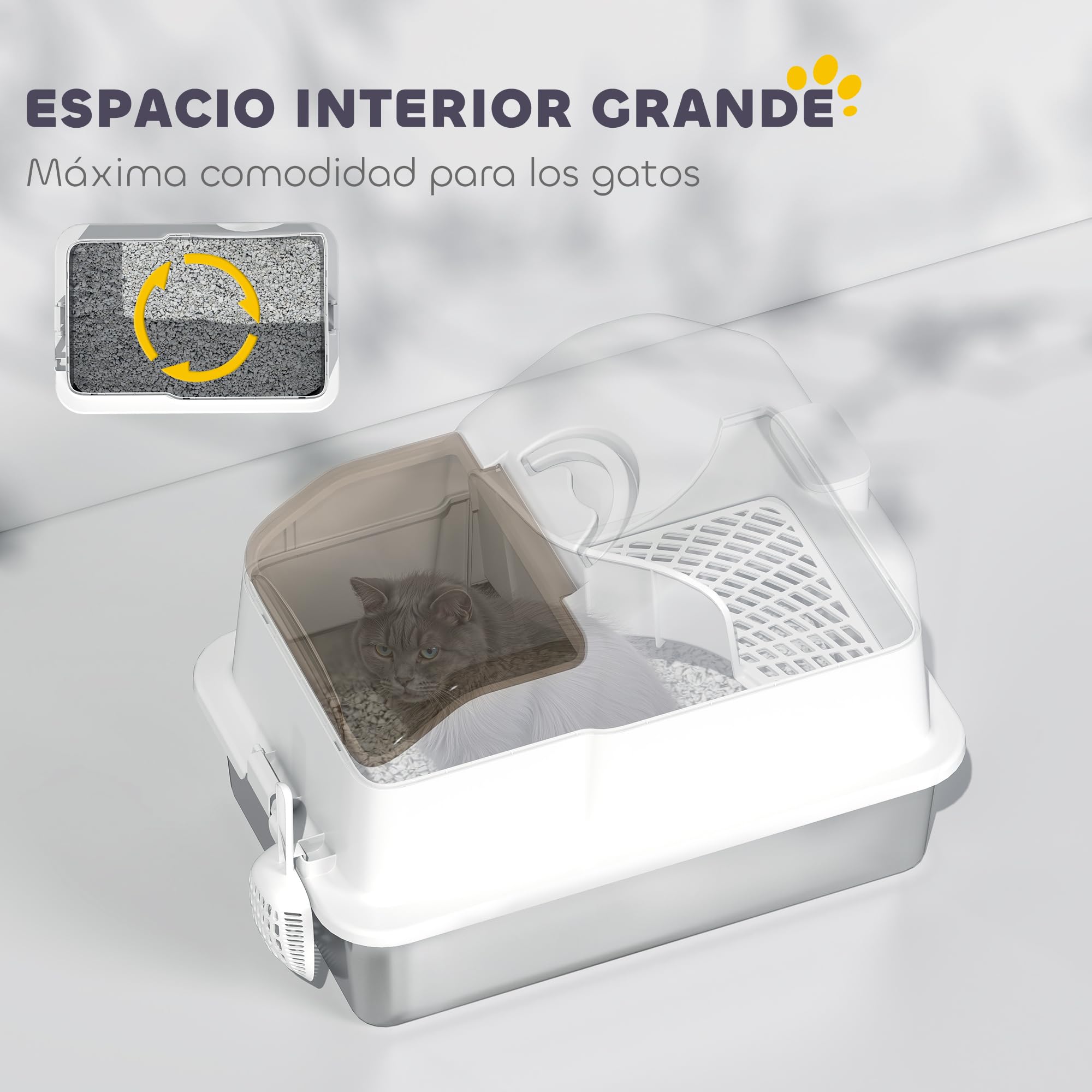PawHut Arenero para Gatos Cubierto Cerrado Extragrande Blanco | Bandeja de Acero Inoxidable, Tapa Extraíble, Bordes Altos, Pala, sin Olor, Fácil de Limpiar, para Gatos Grandes