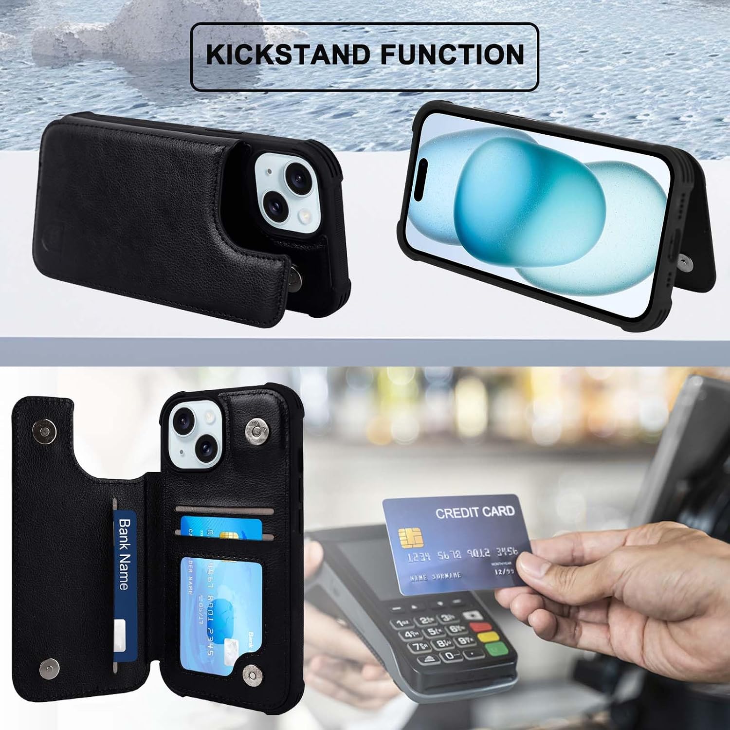 VANAVAGY Wallet Case Compatible for iPhone 15 for Women Men with Credit Card Holder,RFID Block Leather Flip Folio Phone Cover Fits Magnetic Car Mount Stand with Screen Camera Protector,Black