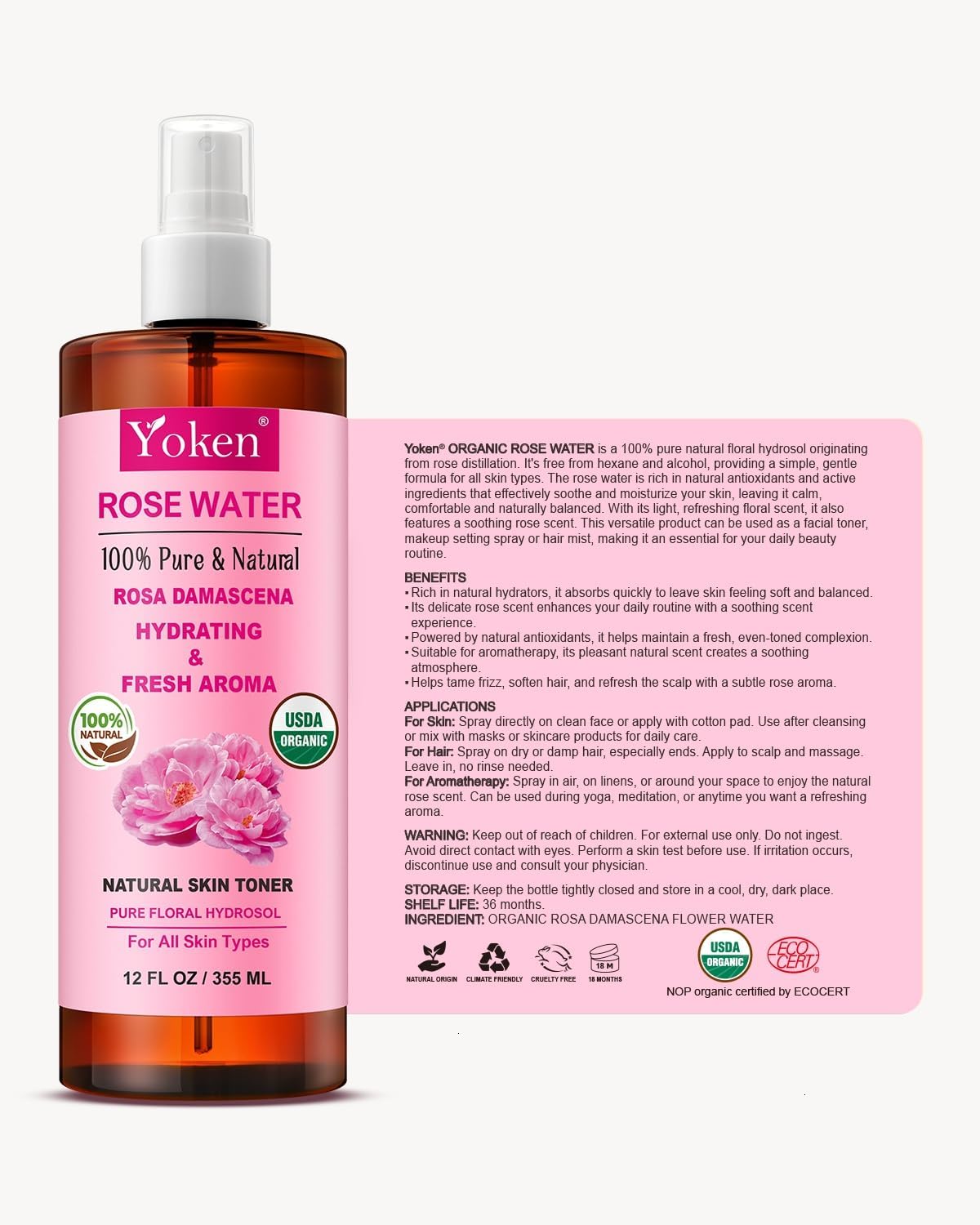 Yoken Organic Rose Water Spray 12oz, USDA Organic Face Mist, Alcohol Free