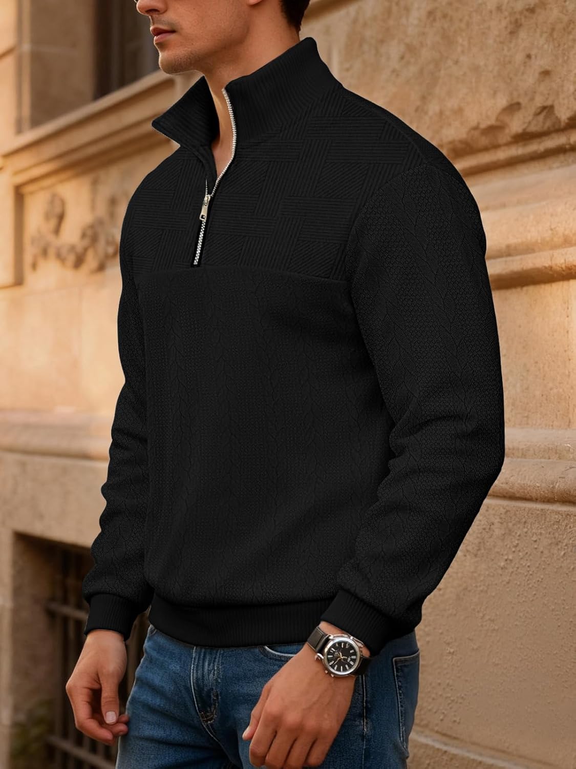 Mens Quarter Zip Sweater Men Quilted Sweatshirt Pullover Knit Long Sleeve Mock Neck Sweatshirt - Image 4
