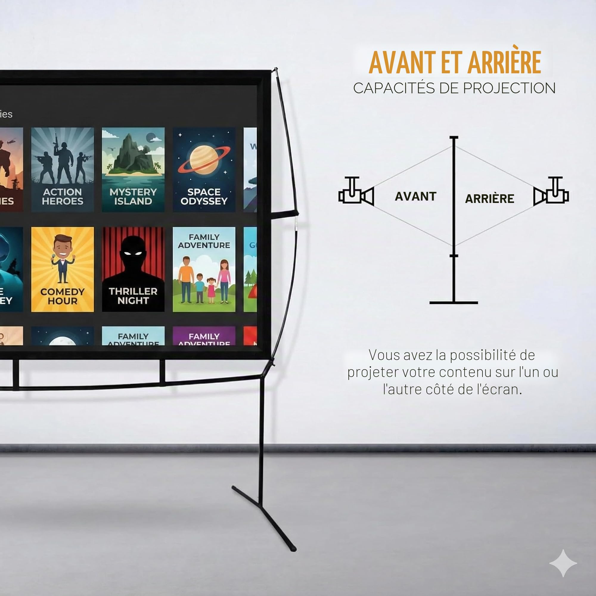 KHOMO GEAR Écran de Projection Portable 100" avec Support - Écran de Projection extérieur et intérieur pour soirées cinéma, Home cinéma et présentations - Écran de Projection Avant et arrière