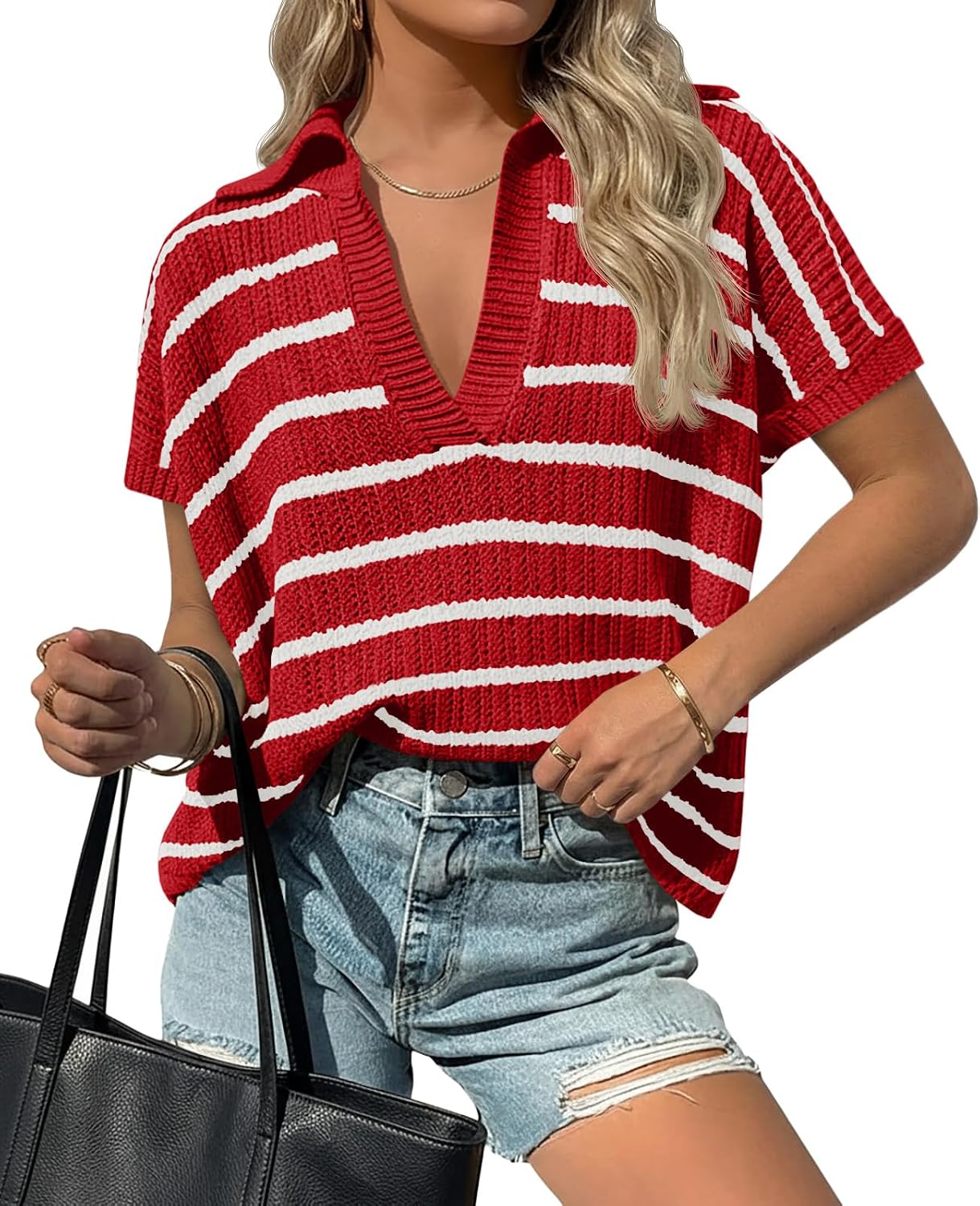 Saodimallsu Womens Striped Short Sleeve Sweater Tops Summer V Neck Collared Trendy Casual Loose Knit Pullover Shirt