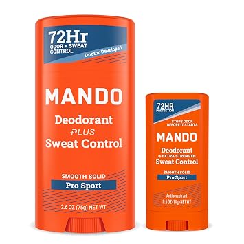 Mando Deodorant Plus Sweat Control For Men - Smooth Solid Stick - Extra Strength Antiperspirant - 72 Hour Odor & Sweat Control for Underarms - Baking Soda Free - Full Size & Mini Bundle Pro Sport
