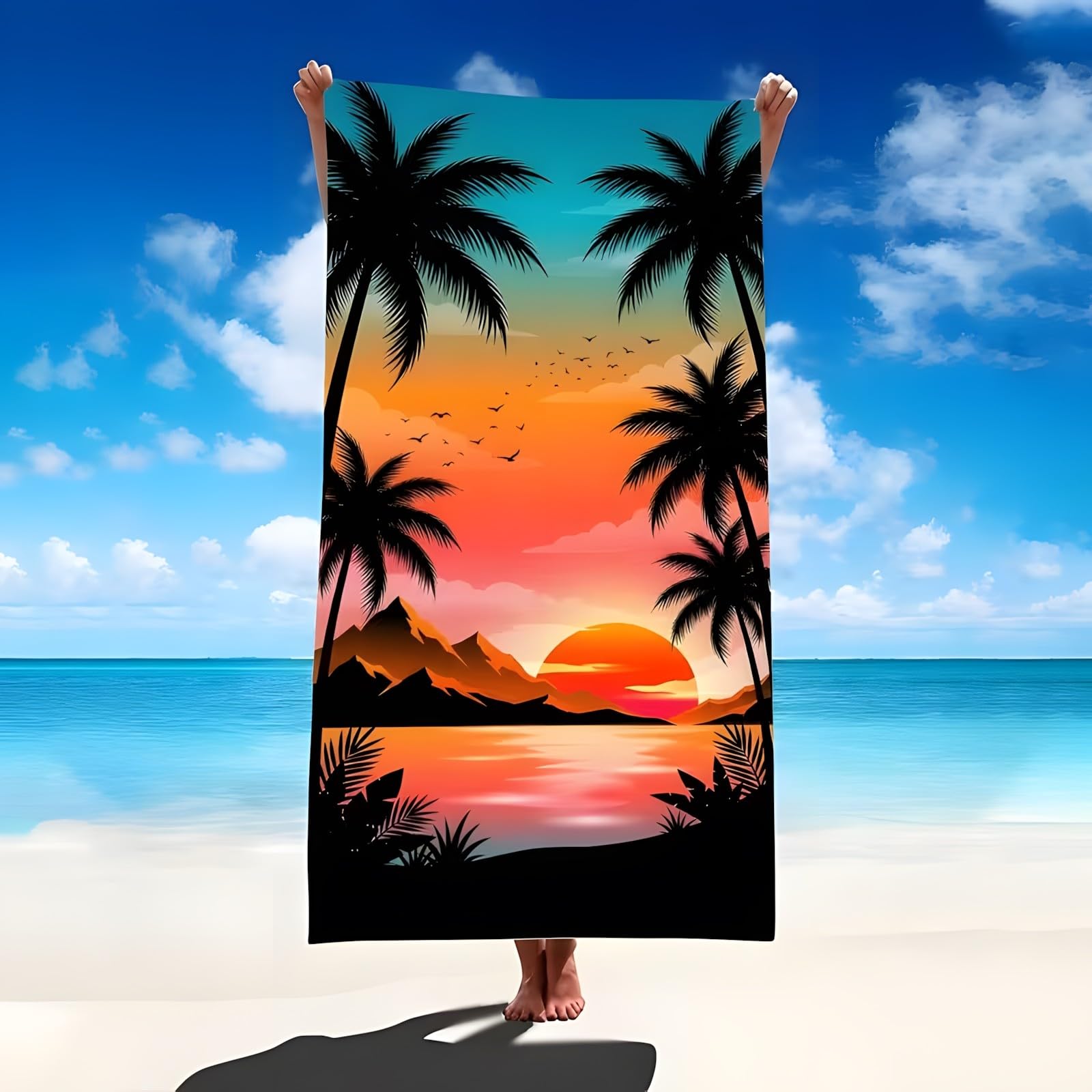 YZQGLHP Coconut Palm Microfibre Beach Towel Sunset Beach Bath Towel Quick Drying, Lightweight, Sand-Free, Durable, for Pool, Gym, Camping, Travel Towel 90x200cm