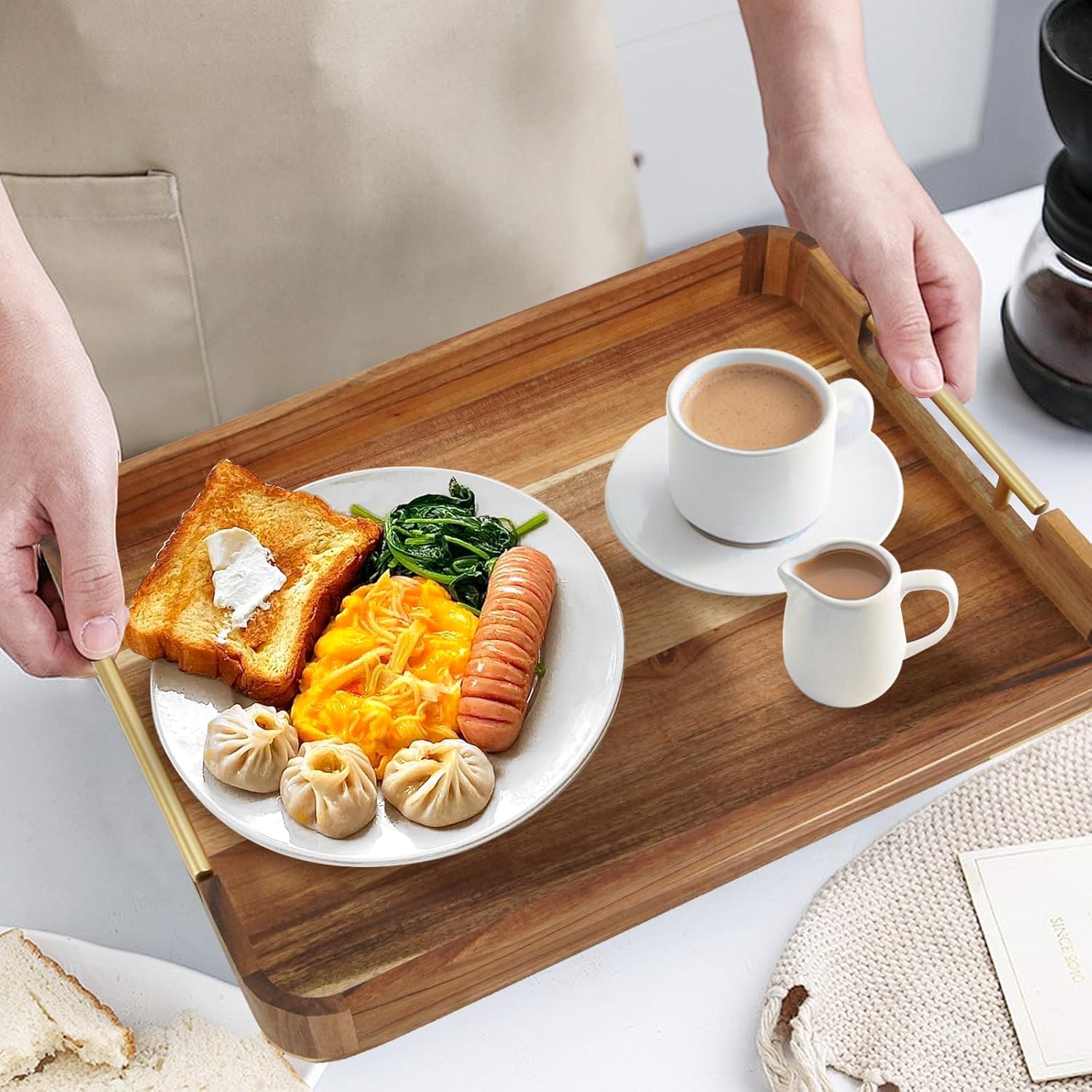 Acacia Wood Serving Tray with Metal Handles, 17x13in Food Drinks Tray for Coffee Table, Breakfast, Dinner & Bar, Natural Decorative Storage Tray for Ottoman, Kitchen, Packaging - Image 6