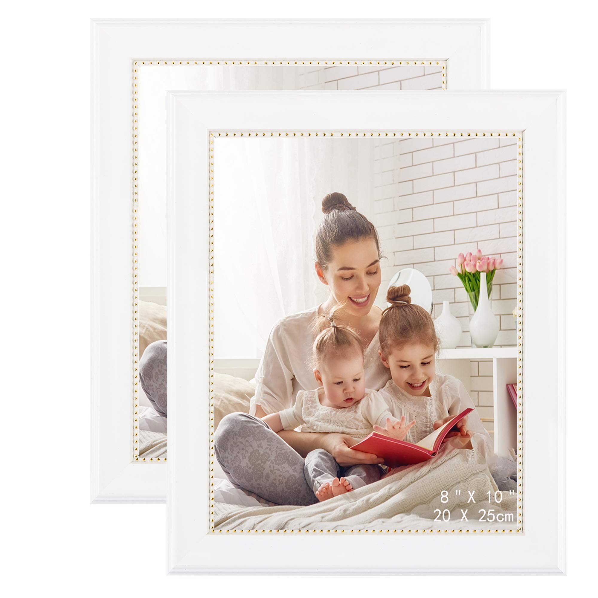 GraduationMall8x10 Picture Frames, Real Glass, Display Photos for Wall or Tabletop, White with Gold Beads, 2-Pack