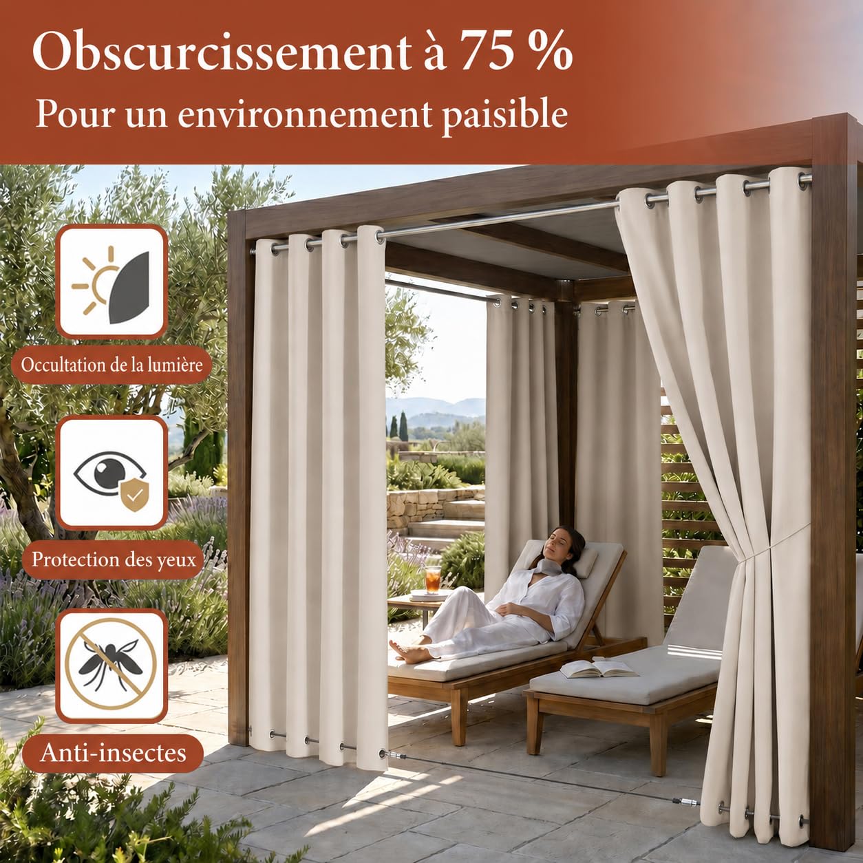 Rideaux d'extérieur imperméables avec œillets, 213 x 132 cm, parfaits pour jardin, balcon, terrasse, protection de l'intimité – Rideaux élégants toutes saisons pour terrasse et extérieur