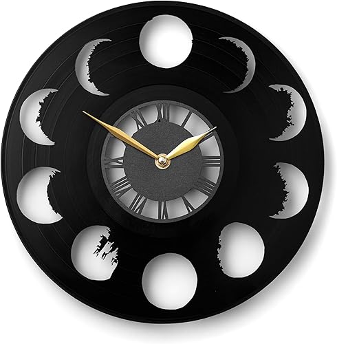 Miniatura 7 de Reloj de pared con luz LED, arte de pared de fases de la luna, decoración de fases lunares, regalo de ciclo lunar, disco de vinilo negro Disco de