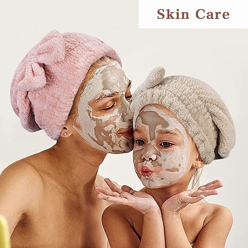 Miniatura 5 de Unaone Paquete de 2 toallas de microfibra para secar el cabello, gorro de toalla de pelo súper absorbente, envoltura de cabeza de secado rápido con
