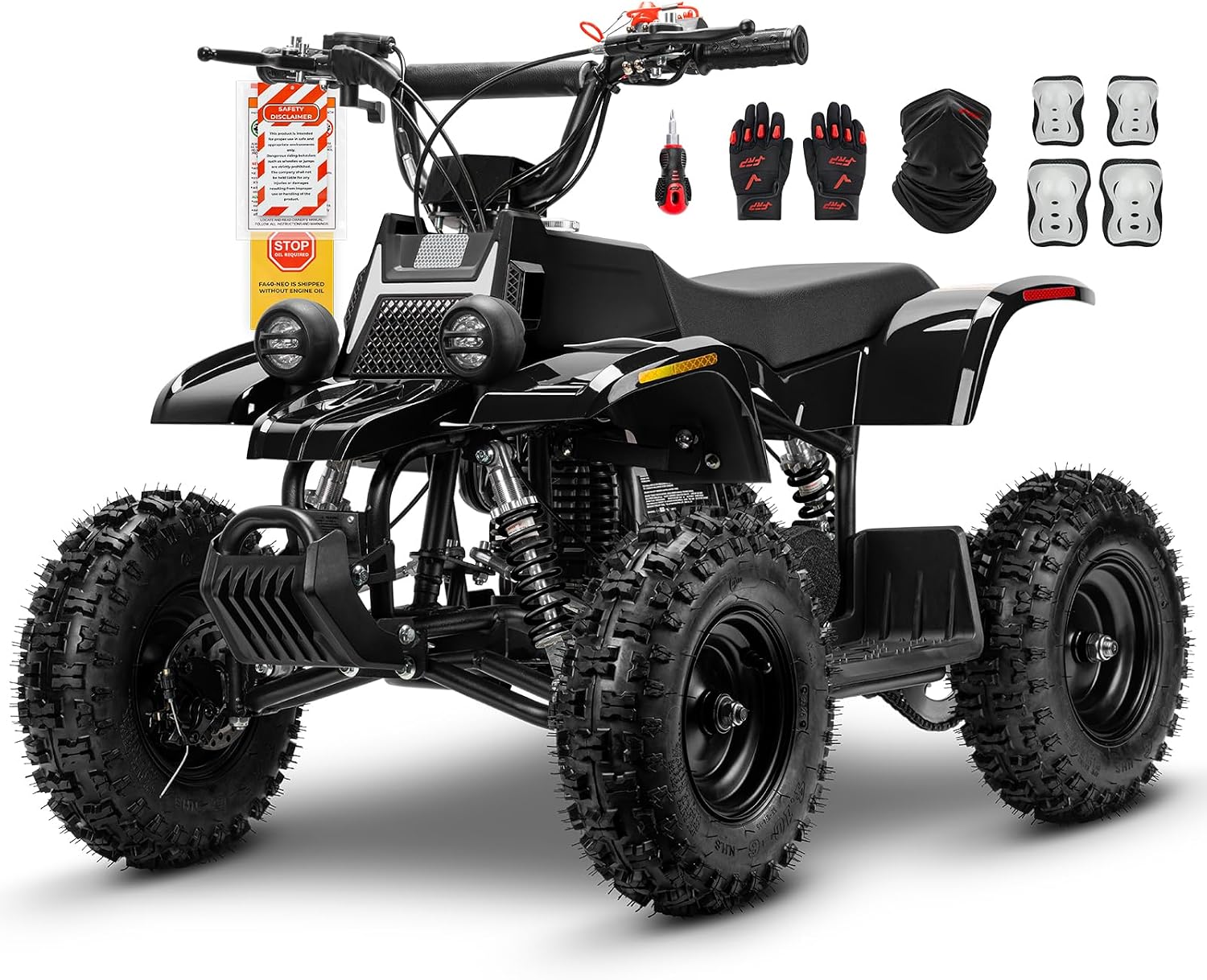 FA40-Neo Kids Mini ATV 4 Wheeler, 40cc 4-Stroke Quad, Up to 143 lbs | Includes gloves, gaiter, knee & elbow pads, kill switch & key ignition, 13 mph limited, off-road only ,Black Max
