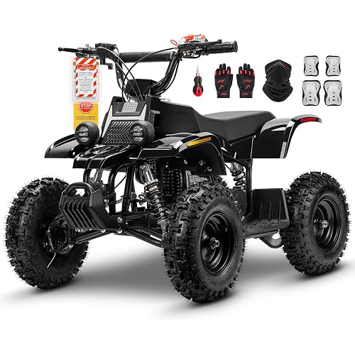 FRP FA40-Neo Kids Mini ATV 4 Wheeler, 40cc 4-Stroke Quad, Up to 143 lbs | Includes gloves, gaiter, knee & elbow pads, kill switch & key ignition, 13 mph limited, off-road only ,Black Max