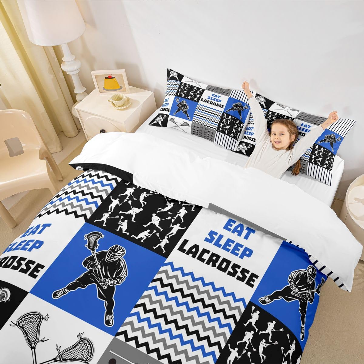 Erosebridal Lacrosse Duvet Cover for Kids Boys Girls,Grey Blue Eat Sleep Lacrosse Bedding Set,Lacrosse Player Stick Comforter Cover Full,Sports Buffalo Plaid Bed Sets with 2 Pillowcases Bedroom Decor