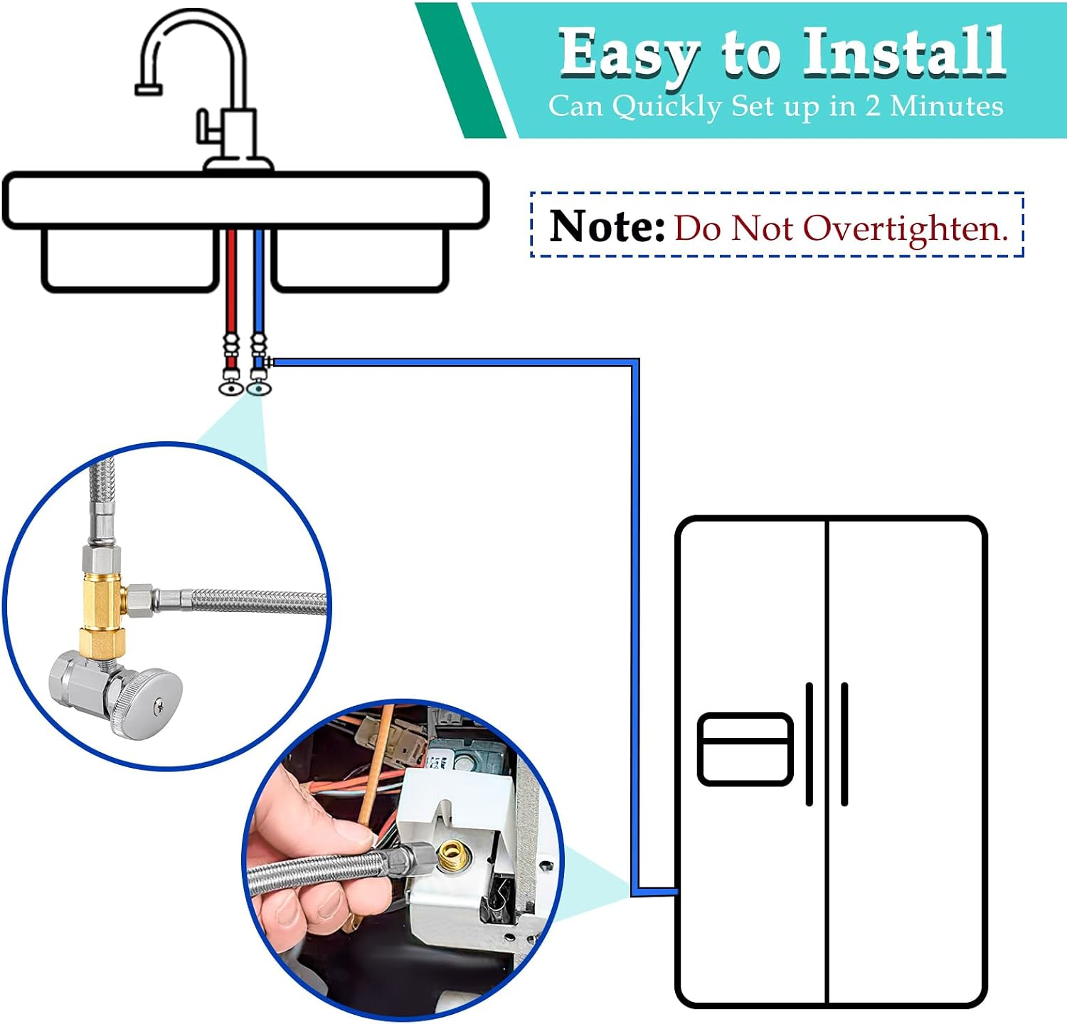 Brass Water Line Splitter and Hose for Refrigerator Ice Maker Kit, 30' Braided Stainless Steel Fridge Supply Tubing with 1/4" Compression Fittings and 1/4" x3/8" x/3/8" Valve Connector (30 FT)