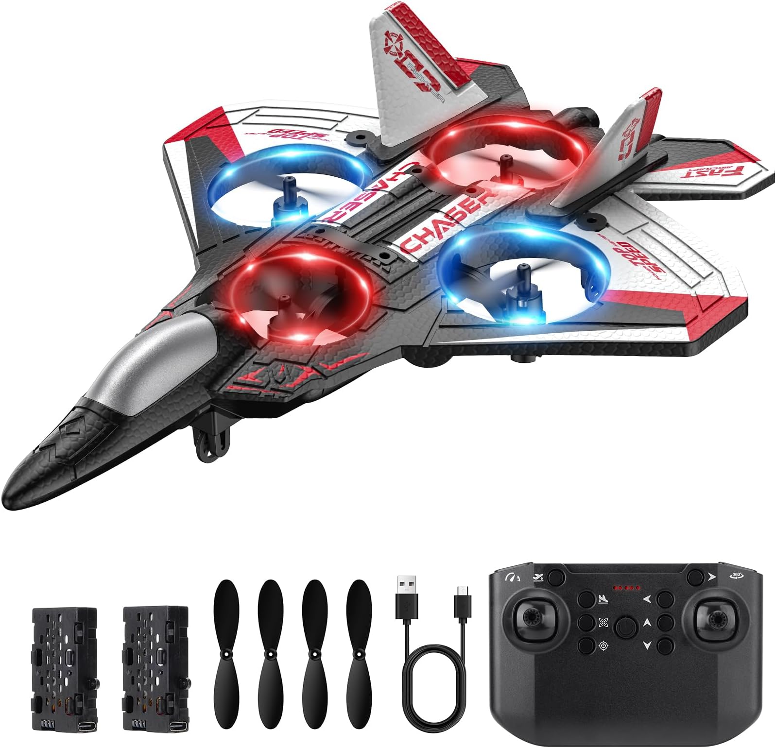 RC Plane, Foam Remote Control Airplane, Drone for Kids, RC Aircraft for Boys and Girls, Fighter Jet Helicopter with LED Lights, Altitude Hold, 360° Flip Stunt Rotation, Speed Adjust Flying Toy