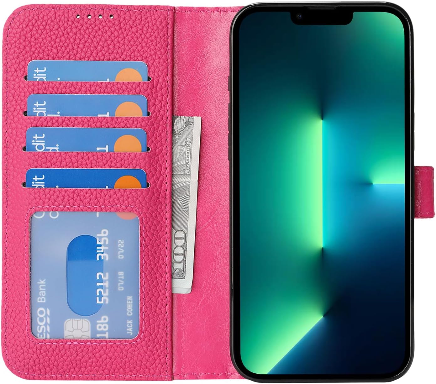 Zouzt for iPhone 13 Pro Max/12 Pro Max 6.7" Genuine Leather Wallet Case with 4 Card Slot, RFID Blocking Magnetic Flip Folio Shockproof Cover Women Men for iPhone 13 Pro Max/12 Pro Max - Rose Red - Image 7