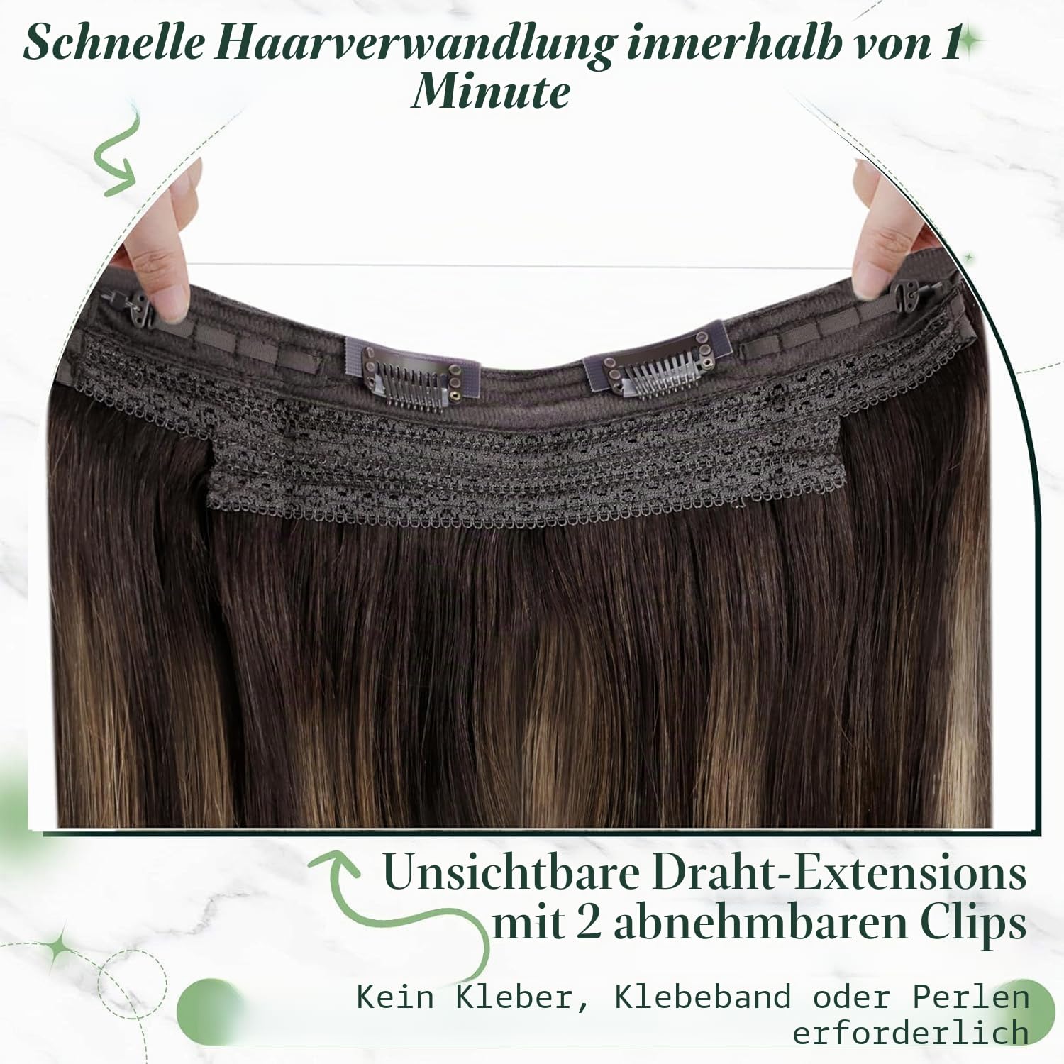 RUNATURE Draht Extensions Echthaar Braun Balayage 40cm 80g #2/2/6 | Verstellbarer Draht Mit Remy Haar – Hitzebeständig, Pflegeleicht. Glatter Balayage-Verlauf, Verhedderfrei, Seidig.