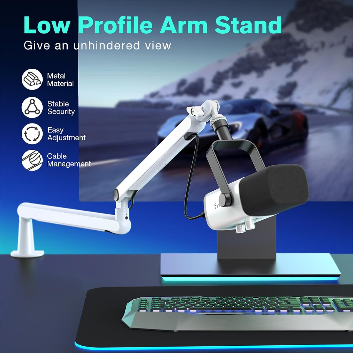 FIFINE BM88W Low Profile Mic Boom Arm for Podcast Recording Streaming | Metal Microphone Arm Stand, Desk Mount, Cable Channels Management, for Gaming Home Office Studio