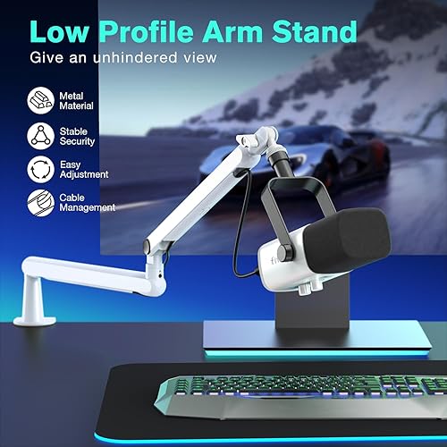 Miniatura 2 de FIFINE BM88W - Soporte de micrófono de perfil bajo, brazo de micrófono de podcast con soporte de escritorio, gestión de canales por cable, brazo de