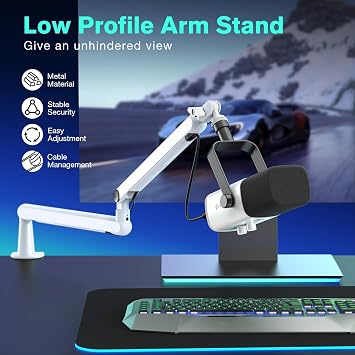 FIFINE Microphone Stand, Microphone Boom Sleeve Stand, Table Mount Low Profile Podcast Truss Suspension Stand, Cables Duct Management, Metal Sleeve Stand for Recording, Streaming, Gaming-BM88 White