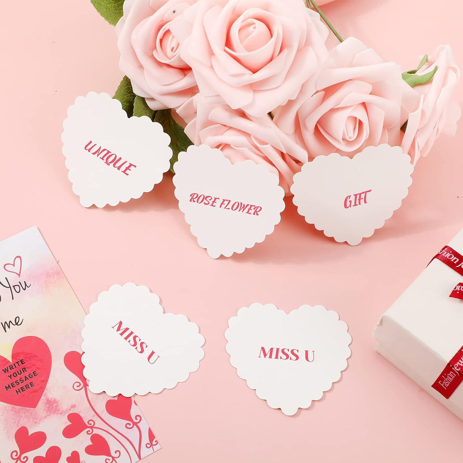 Outus 300 Pcs Valentine Heart Gift Tags with String Kraft Paper Hanging Tags Valentines Heart Gift Name Label Decoration for DIY Wrapping Wedding Party Supplies(Assorted Color)