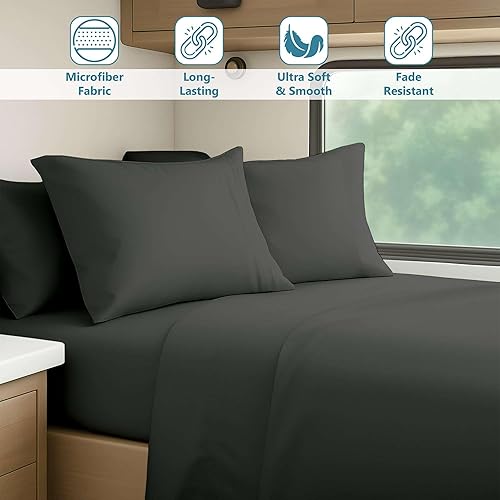 Miniatura 5 de Juego de sábanas de 4 piezas para caravana de tres cuartos (48 x 80), color gris oscuro, sábana bajera de bolsillo profundo para colchón de 15
